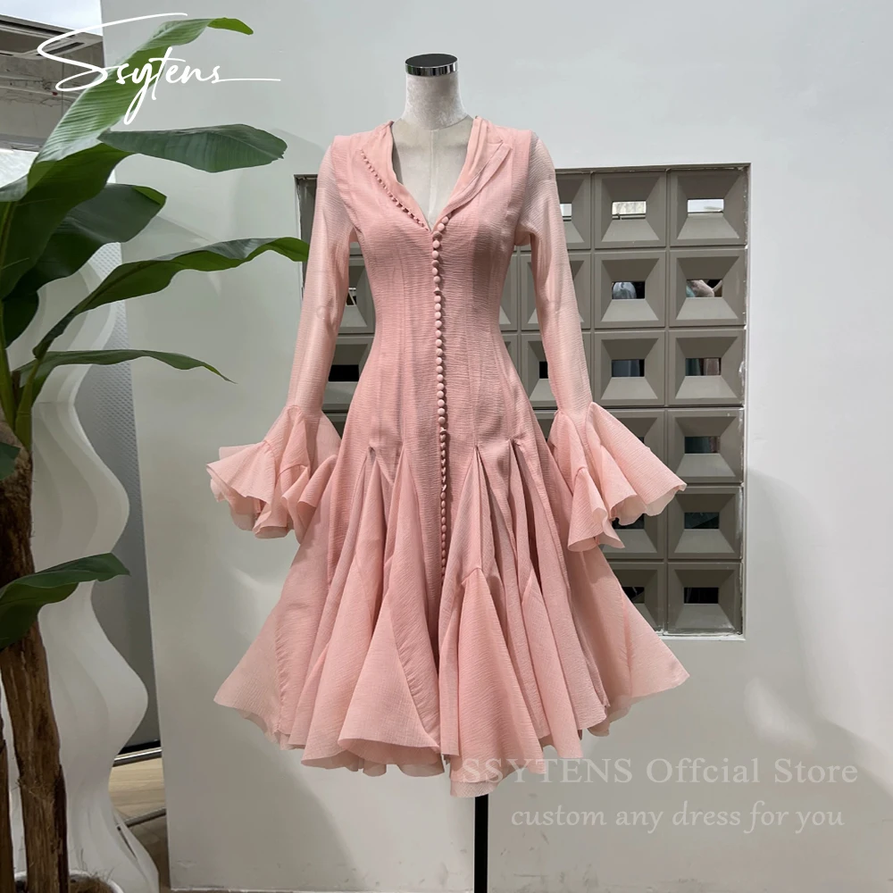 

SSYTENS Pink Short Party Dresses Charming Women Summer Cocktail Prom Gowns Holiday Full Sleeve Ruffles Evening Dress Customized