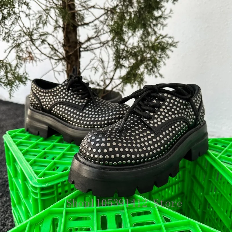 Gothic Punk Full Rivet Genuine Leather Lace Up Thick Sole Derby Shoes Men Round Toe Studded Casual Platform Oxfords