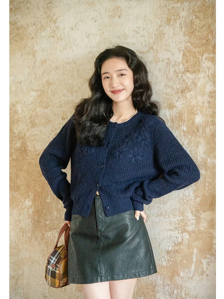 

Темно-синий вязаный свитер, женская внутренняя одежда, ретро Sle, весенний Faion Sve, длинный круглый кардиган на пуговицах, топ