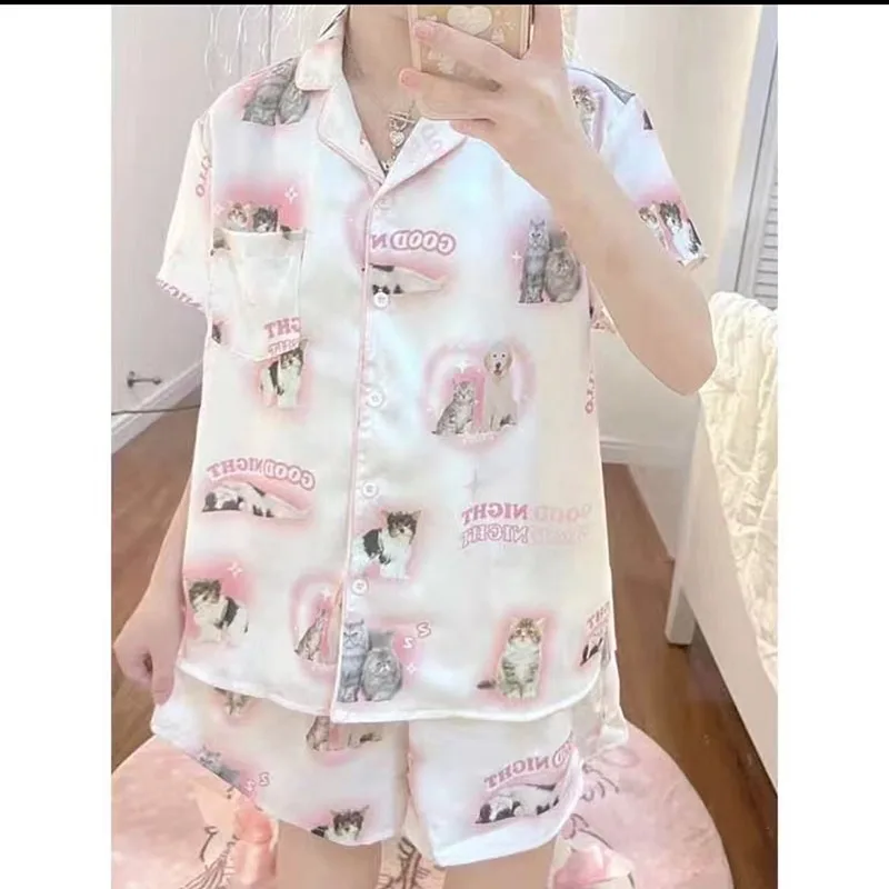 Pijama corto y largo de satén con estampado de gato para mujer, conjunto de ropa de casa de seda, fino, Kawaii, juvenil, Verano