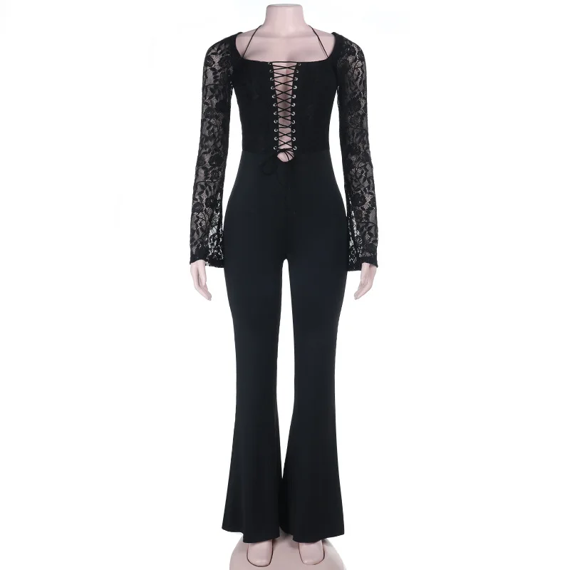 

Осенне-зимний модный новый стильный кружевной лоскутный комбинезон с куриными глазами, облегающий комбинезон