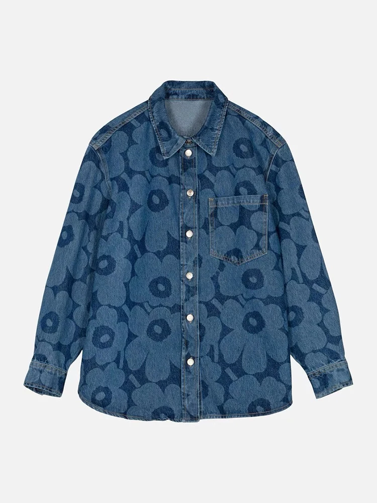 

Loose Casual Blue Denim irt Floral Print Long Sve Women's Jaet Autumn 2025 Faionable Comfortable Girl's irt