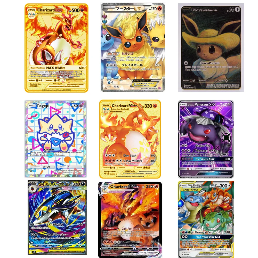 

Металлическая карта Pokemon на английском языке с изображением аниме-персонажей: Пикачу, Чаризард, Мьюту, Бластойз, Pokemon Vmax, Shiny Letters. Коллекционная игровая карта, детская игрушка, подарок.