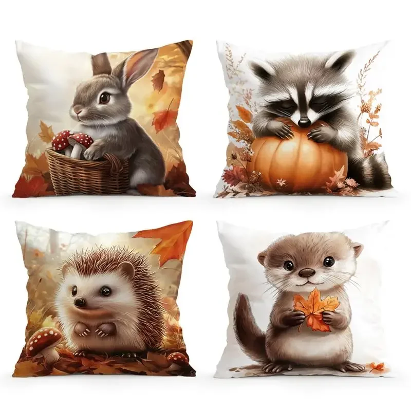 Home Decor Autumn Animals: Bunny, Raccoon, Hedgehog, Otter Pattern Cushion Cover Suitable for Sofa Bedroom Car Pillow Cover