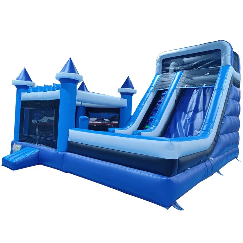 Inflatable trampoline combination with large slide, blue and white inflatable castle, air cushion house, commercial PVC suitable