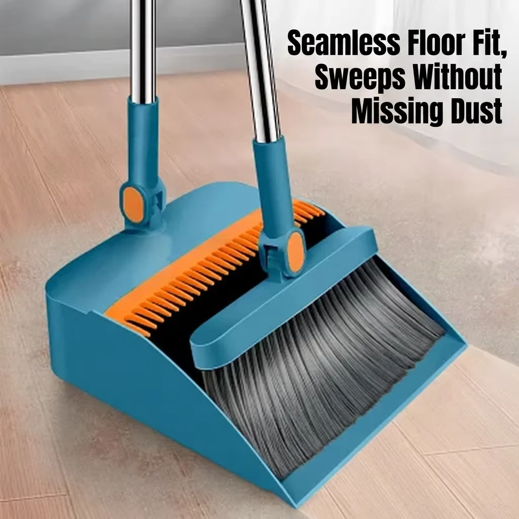 Foldable Self Cleaning Broom and Dustpan Set with Comb Teeth, Upright Standing Sweep Set for Home Pet Hair Floor Cleaning