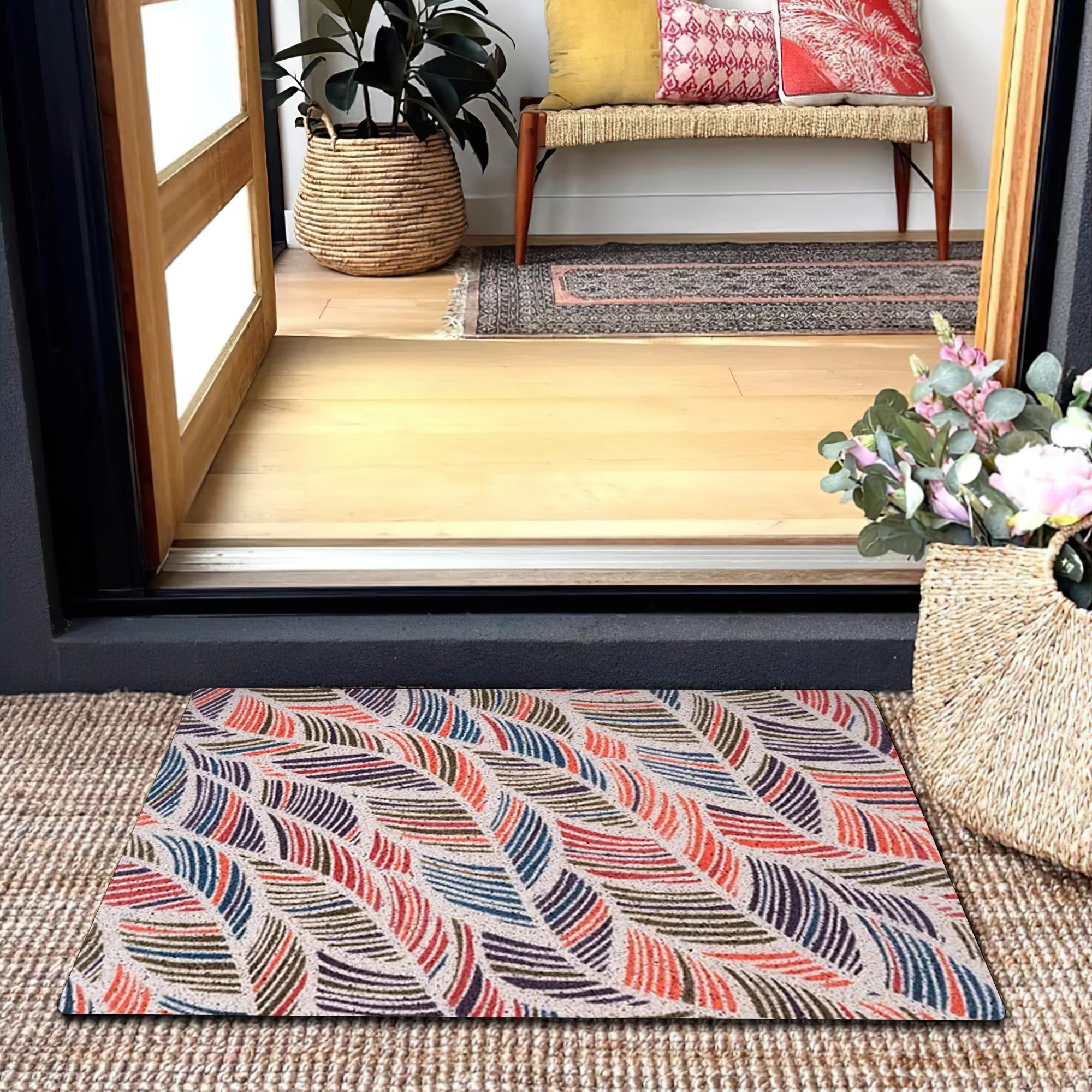 Boho Striped Leaves Doormat Anti-Slip Outdoor Entrance Mat Dirt Trapping Front Door Rug Waterproof Easy Clean Entryway Floor Mat