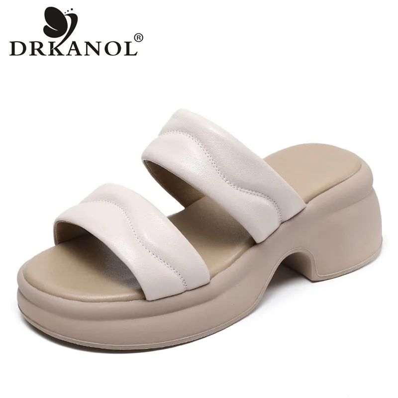 

DRKANOL Fashion Summer Platform Slippers Women Thick Heel Genuine Leather Casual Slides Women Slip On Open Toe Slingback Shoes