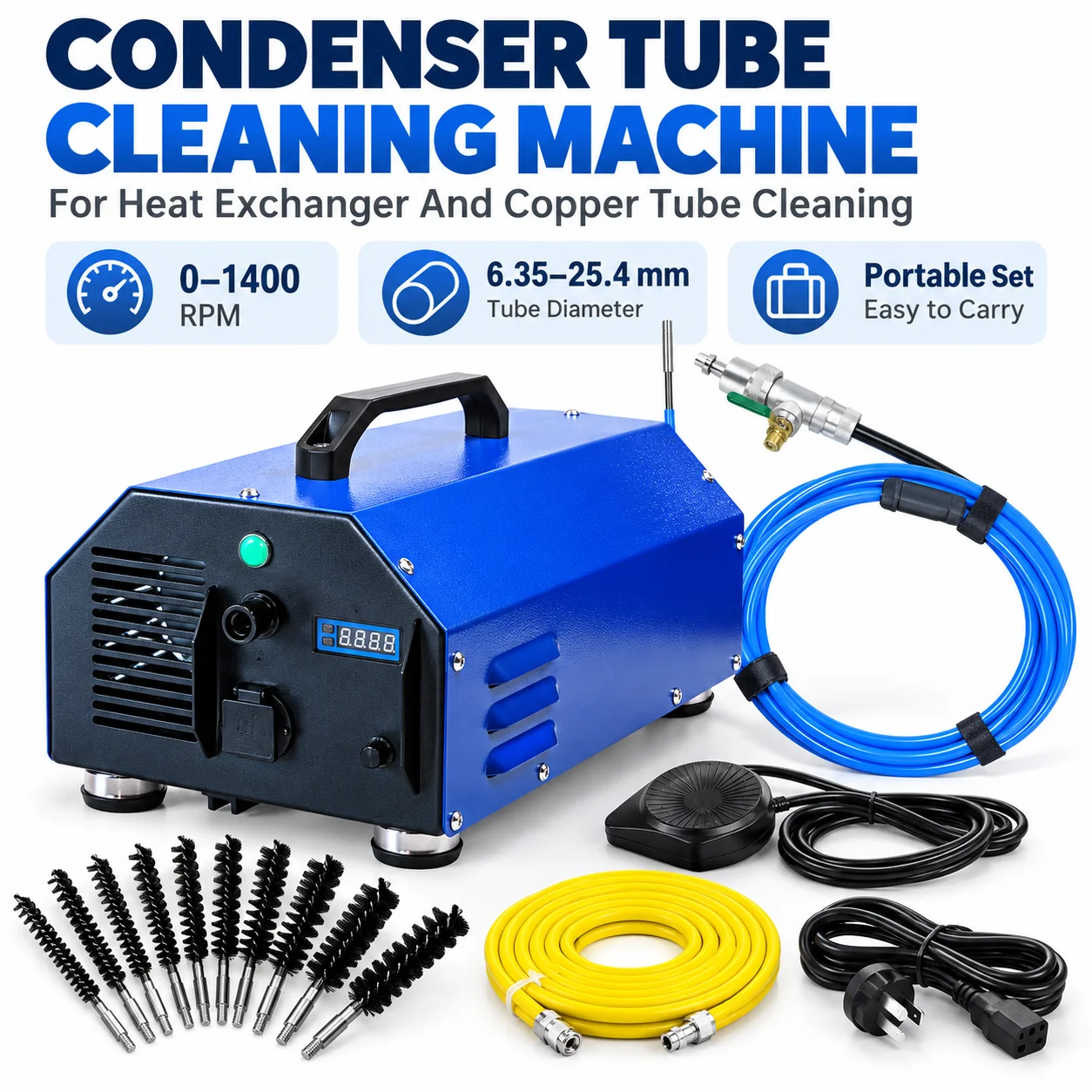 AOLIVIYA Electric Condenser Tube Cleaning Machine 370W HVAC Chiller Heat Exchanger Copper Pipe Cleaner Rotary Brush Kit