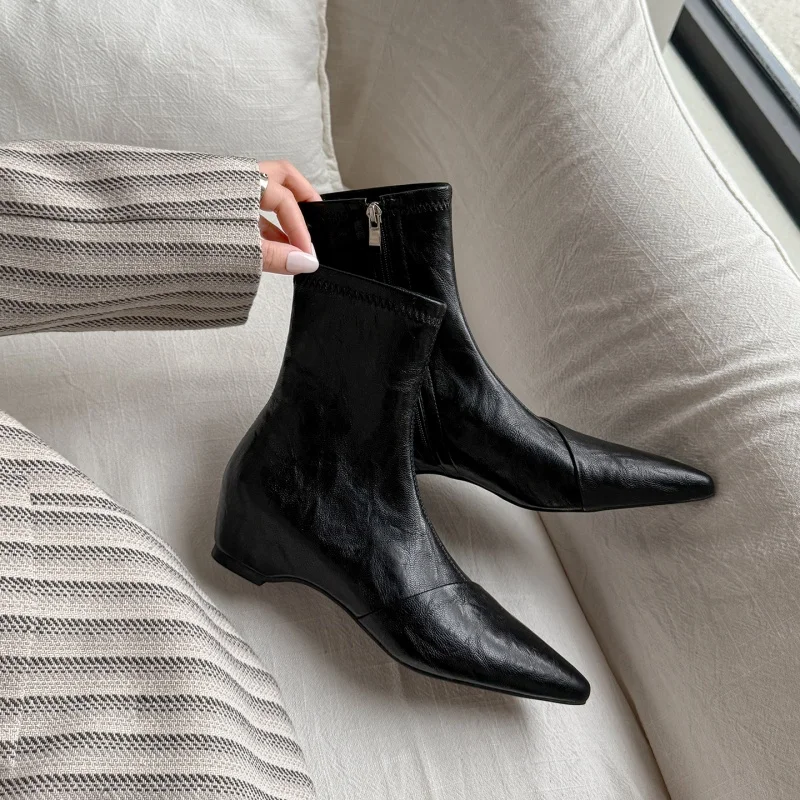 MKKHOU Fashion Short Boots Women's New High Quality Genuine Leather Boots Pointed Zipper Elastic Boots Commuter Boots Women