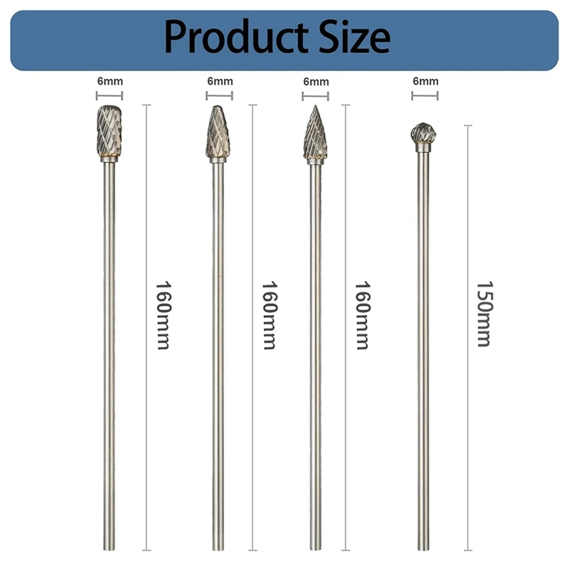 Conjunto de rebarbas rotativas de carboneto de 6 polegadas, entrega em 24 horas, 4 peças, 6 mm (0,25 polegadas), haste de longo alcance, corte duplo, arquivo rotativo de carboneto de tungstênio s