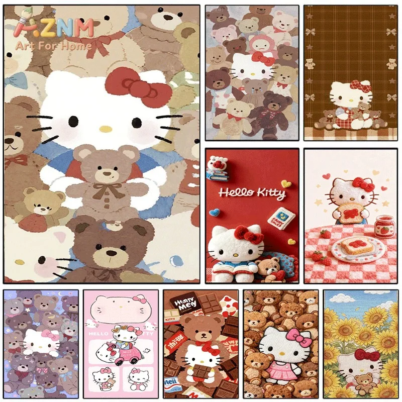 Sanrio Hello Kitty Canvas Wall Art Unframed Print Vintage Teddy Bear Food Cute Cartoon Poster for Bedroom Dorm Home Interior Wal