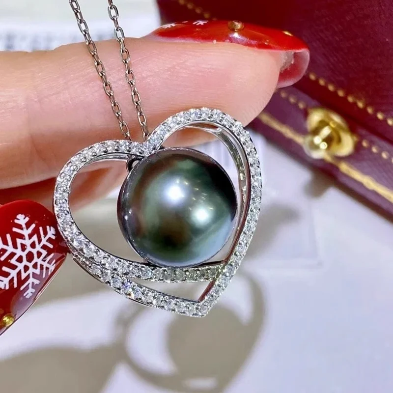 Natural South Sea Black Pearl Pendant Necklace AAAAA round 11-12mm Oversized 925S 18inch Perfect for Elegant Jewelry Lovers