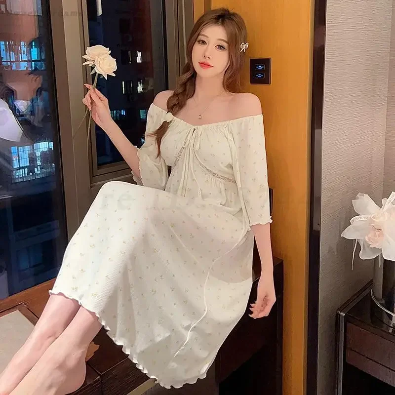 

Весенне-летняя новая женская ночная рубашка, длинная пижама с принтом, свободная повседневная домашняя одежда, сексуальная кружевная ночная рубашка, одежда для дома