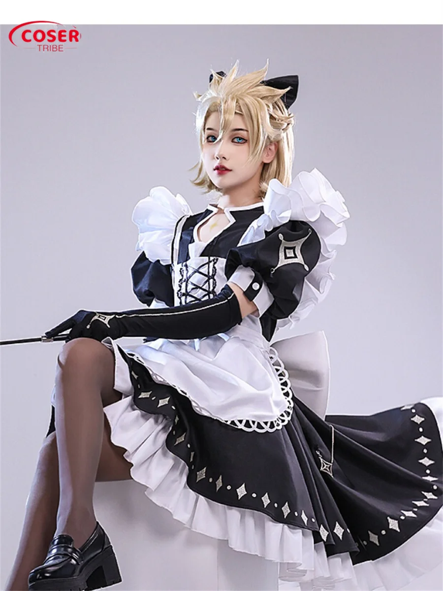 Coser-アニメゲームの魅力的な影響完全なセット、カワイドメイド、ブラックシルク、セクシーなハロウィーンカーニバルロール、コスプレコスチューム、完全なセット