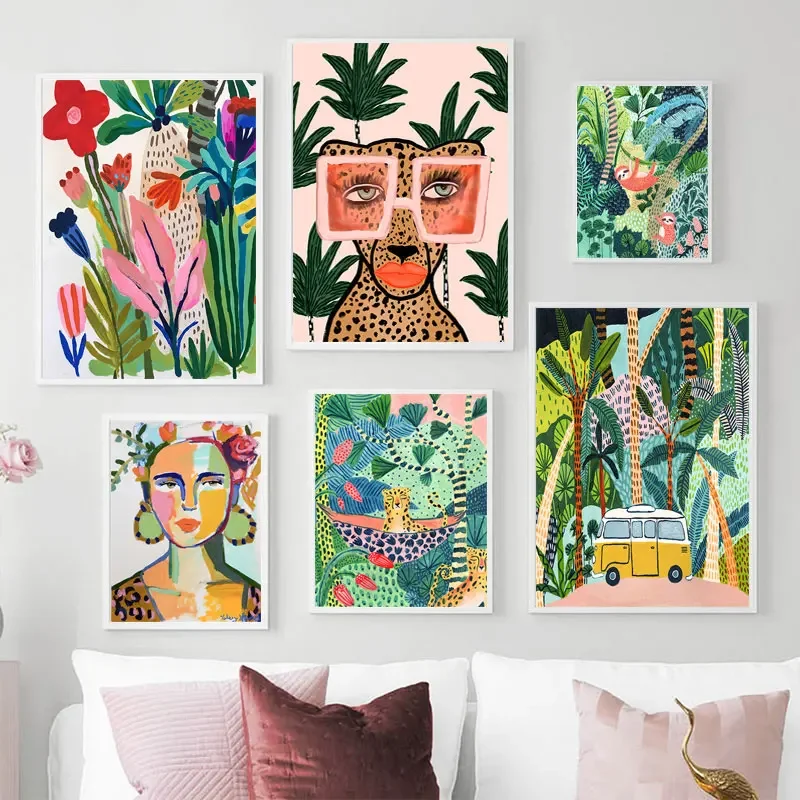 Frameless,Tropical Colorful Girl Car Flower Koala Leopard Wall Art DIY Diamond Painting