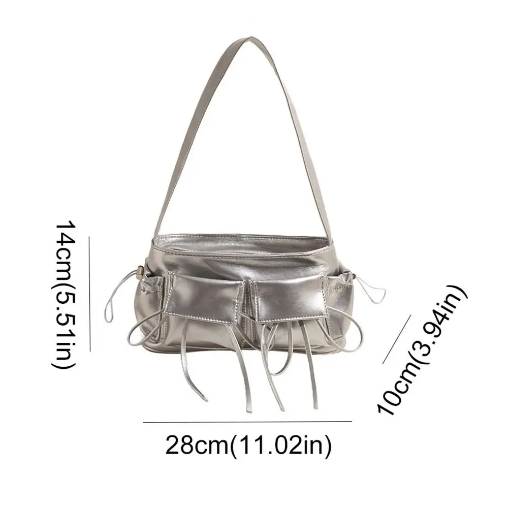 Double Pockets Design Vintage Shoulder Bags High Quality French Gentle Underarm Bag Commuting Silver PU Leather Totes Bags Girls