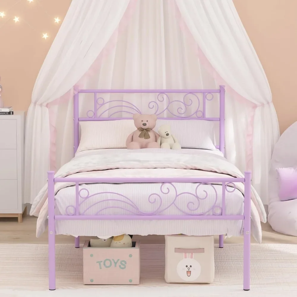 Double Bed Frame, No Box Spring Required, with Headboard, Princess Bed Metal Platform, Children's and Girls' Princess Bed