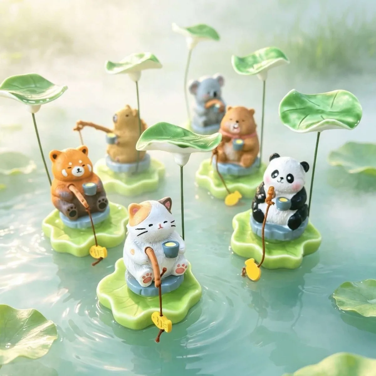 Cute Fishing Animal Figurine Resin Lotus Leaf Capybara Panda Desk Decor Waterproof Fish Tank Bonsai Zen Garden Fairy Ornament