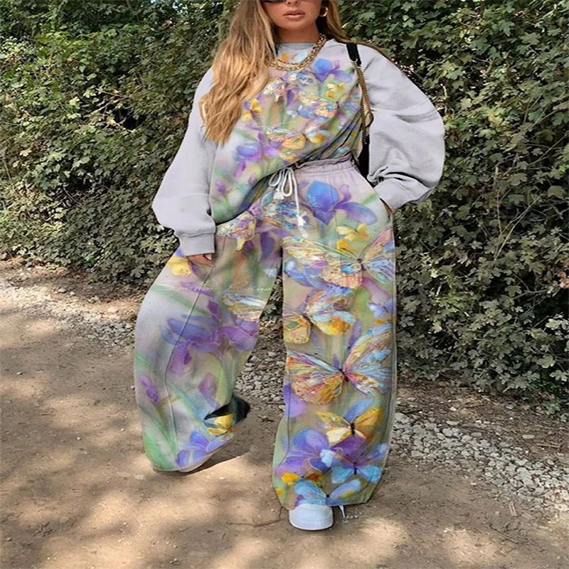 Vintage Butterfly Print Pullovert And Pant Women Harajuku Sweatshirts+Sweatpants Set Hip Hop Streetwear Clothes