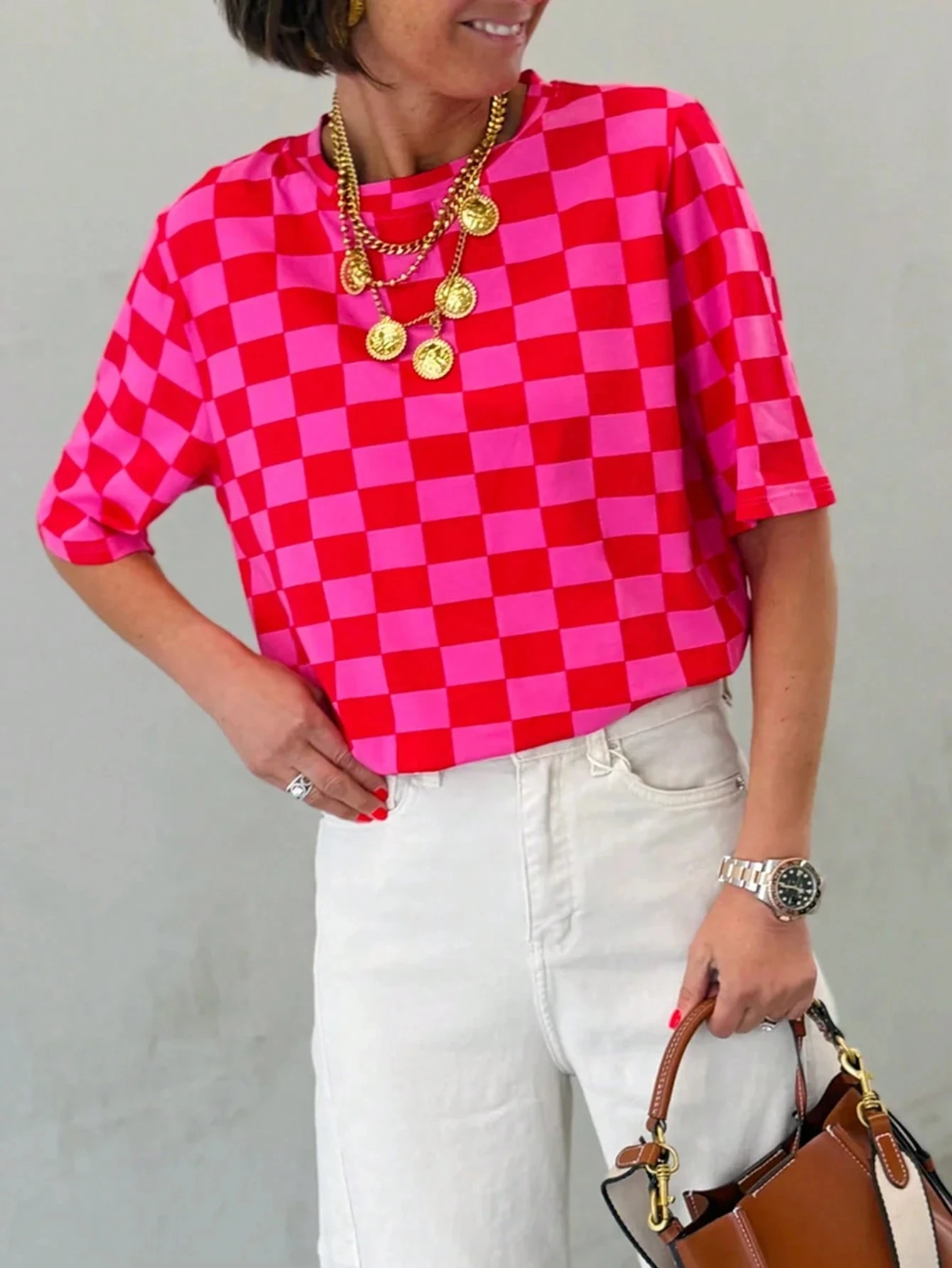 High End Fashion Women's Blue Checkered Red Checkered Print Y2K Style T-shirt Casual Sports Street Trend Loose Short Sleeved