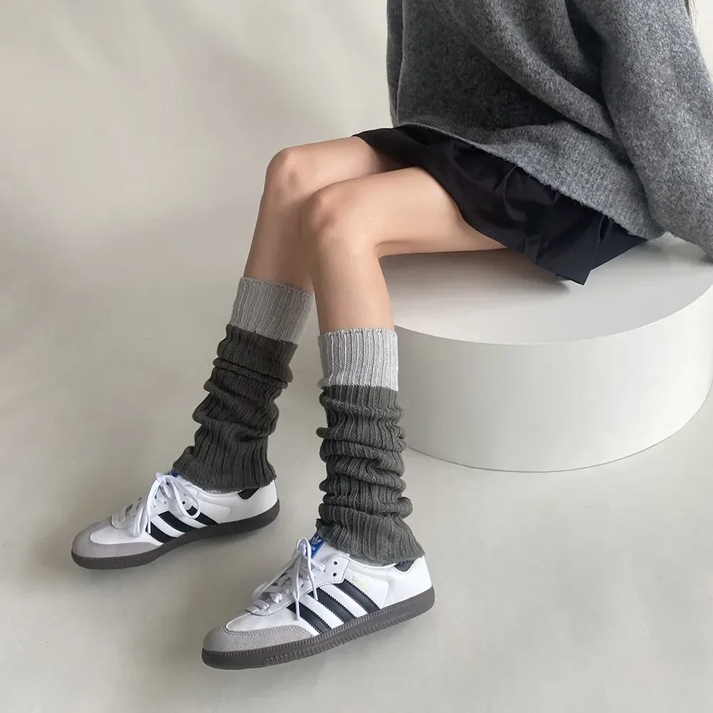 Knitted Long Socks Women Leg Warmer Contrast Splicing Leg Cover Winter Warm Mid Tube Socks Solid Color Warming Boot Cuffs