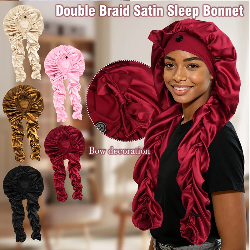 Satin Braid Sleep Bonnet Bow Decor Long Braids Hair Wrap Cap For Women Soft Silky Night Sleeping Hair Cover For Curly Long Hair