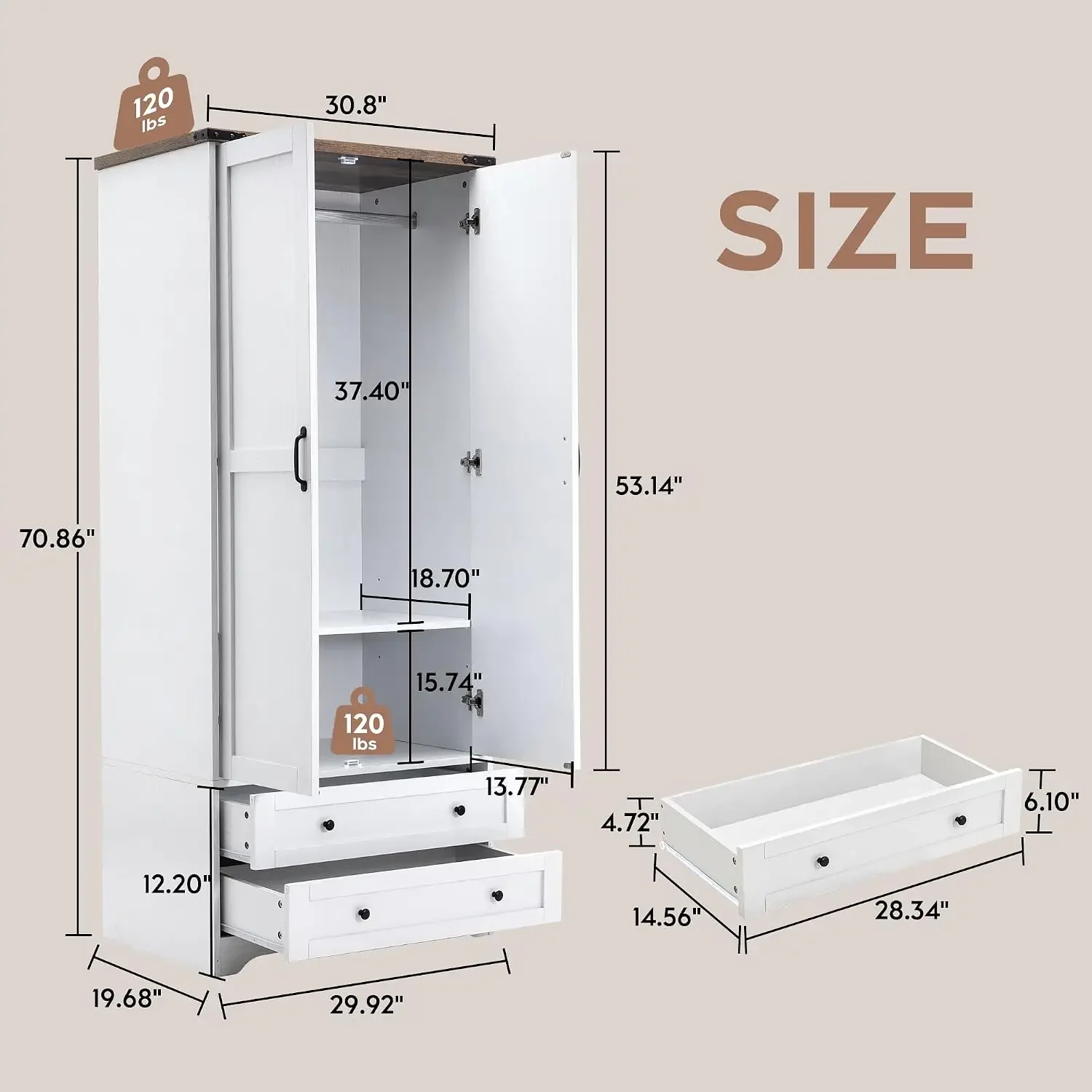 2 Doors Wooden Armoire Wardrobe Closet with 2 Drawers, White | 2 Modern Doors, Freestanding, with Drawers and Hanging Rail, Wood