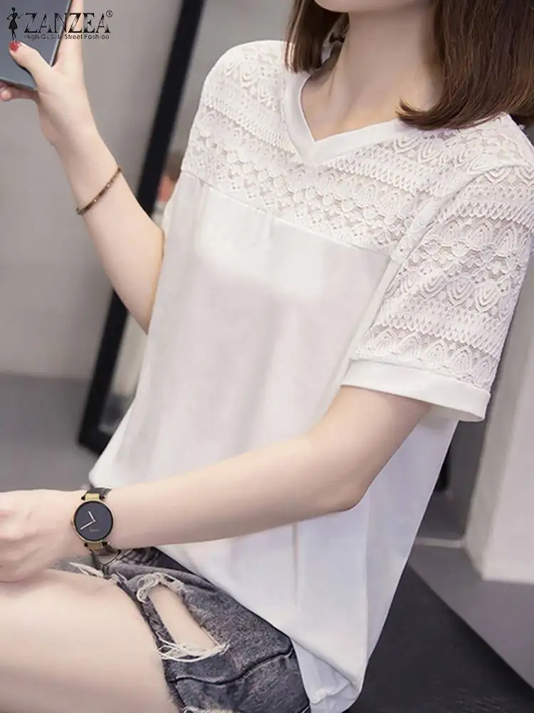 ZANZEA Women Blouse 2024 Summer Elegant V-Neck Tops Korean Fashion Solid Office Lady Shirt Baggy Lace Short Sleeve Tops Tunics