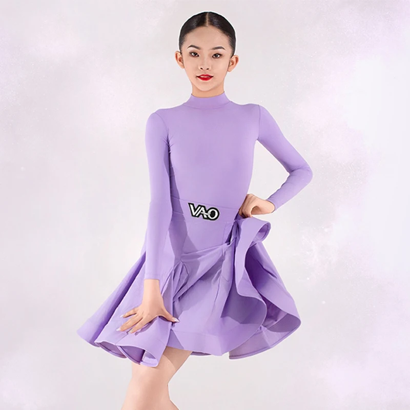 

Multi-Color Latin Dance Suit Long Sleeve Purple Competition Dress Professional Performance Costume Girl Latin Stage Costume 1801