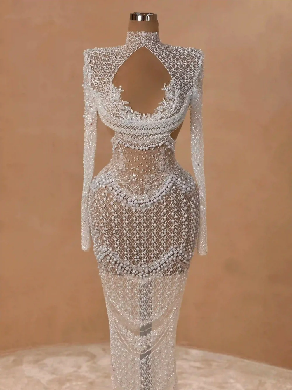 Opulent Beaded Pearls Wedding Dress Illusion High Collar Long Bridal Gown Customized Captivating Straight Dresses For Bride