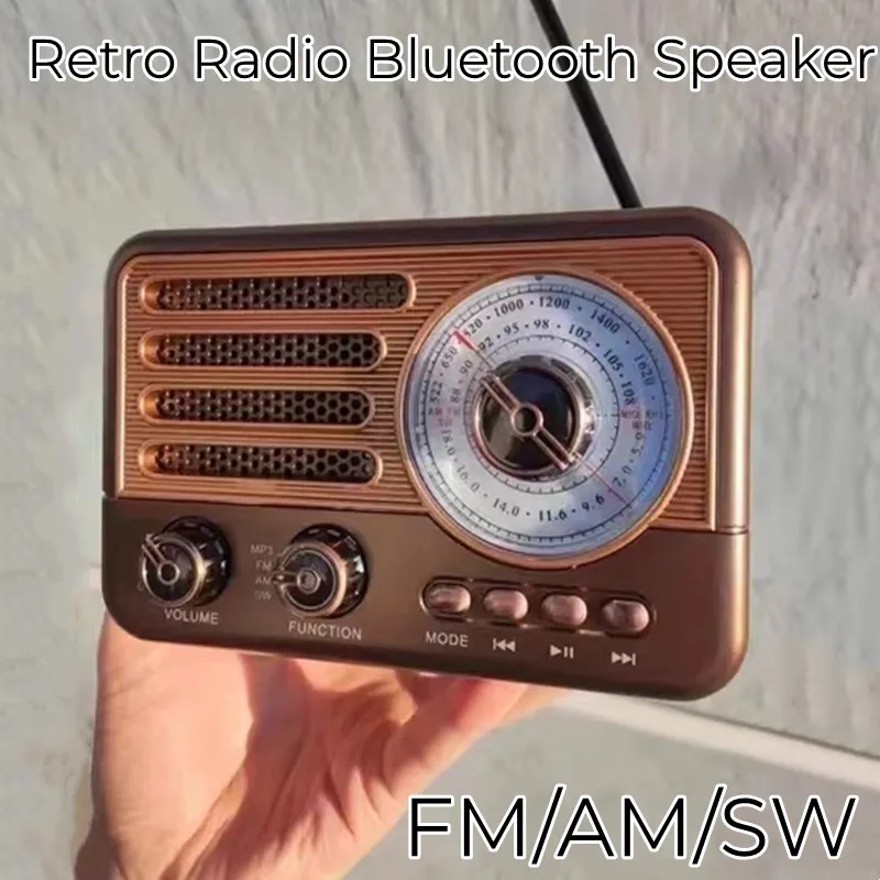 Portable Retro Radio Mini FM/AM/SW Radio Receiver Vintage Bluetooth Speaker With LED Flashlight Support TF Card USB AUX Play