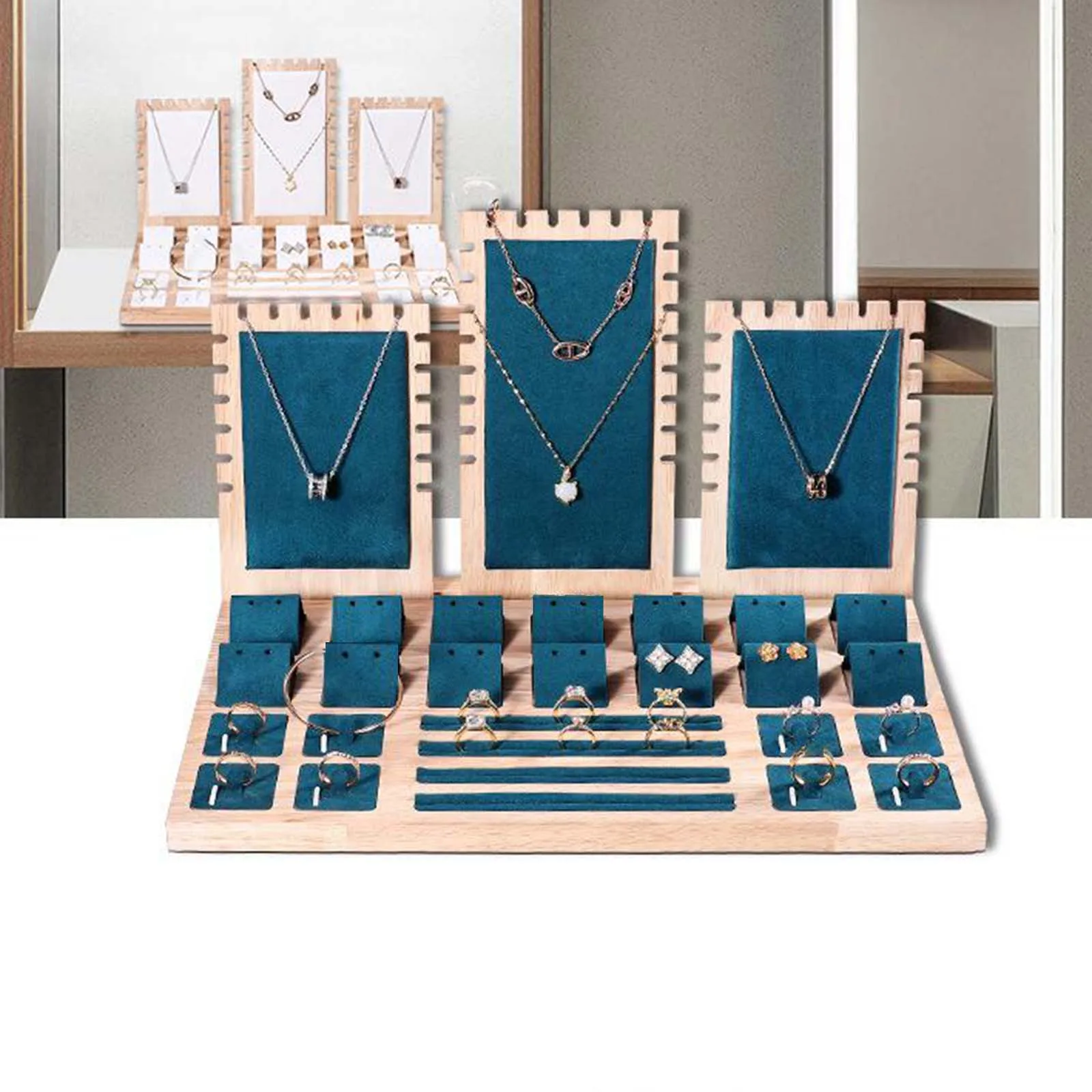 Wooden Base Earring Jewelry Display Stand Organizer Card Holder Presenting Racks With Tray for Ear Stud Jewelry Showcase