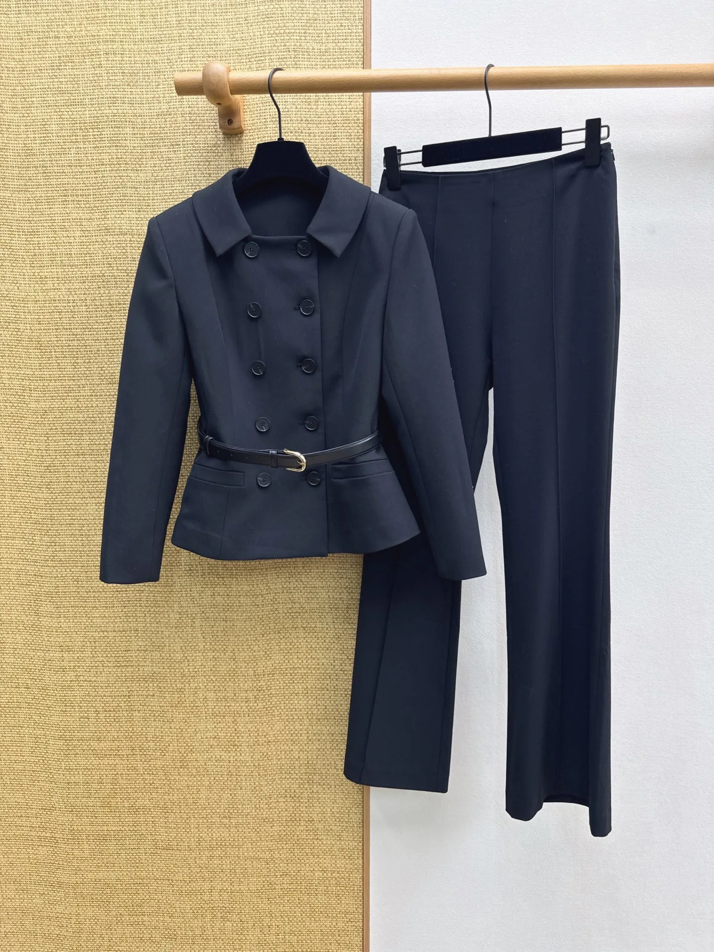 2026 Early Spring Classic Double‑breasted Lapel Blazer Suit, Slim‑fit Jacket & Flared Suit Pants, Chic British‑style Women Outfi