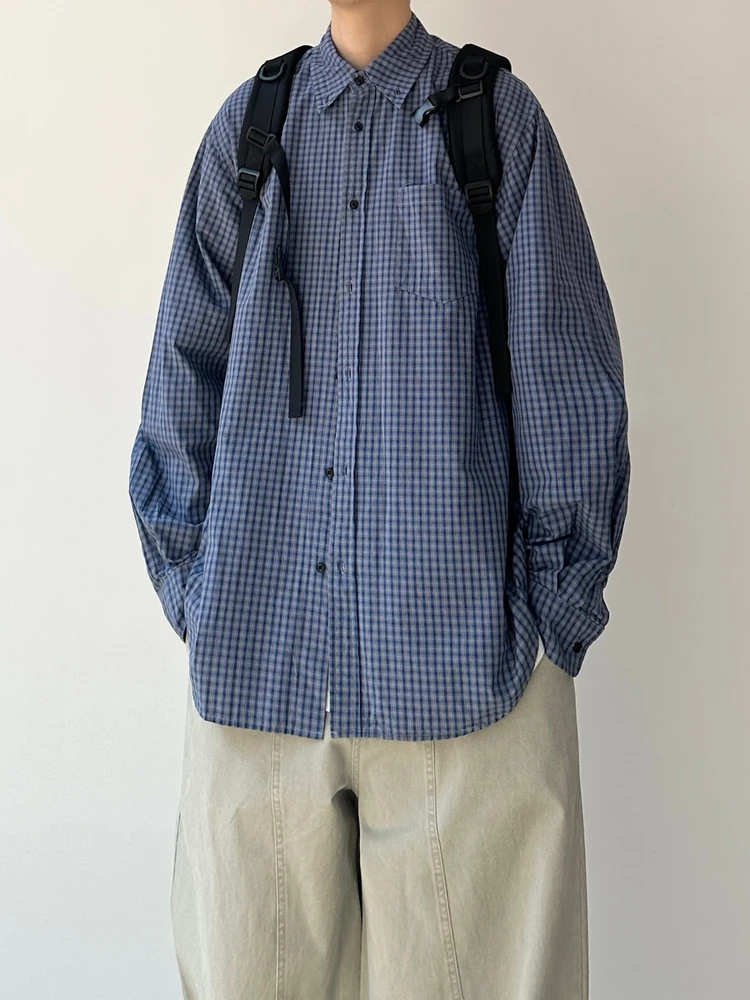 

Joyzone Retro Blue Plaid Long Sve irt ex Loose Casual Versatile Spring Autumn Outerwear Polyester Youth Faion