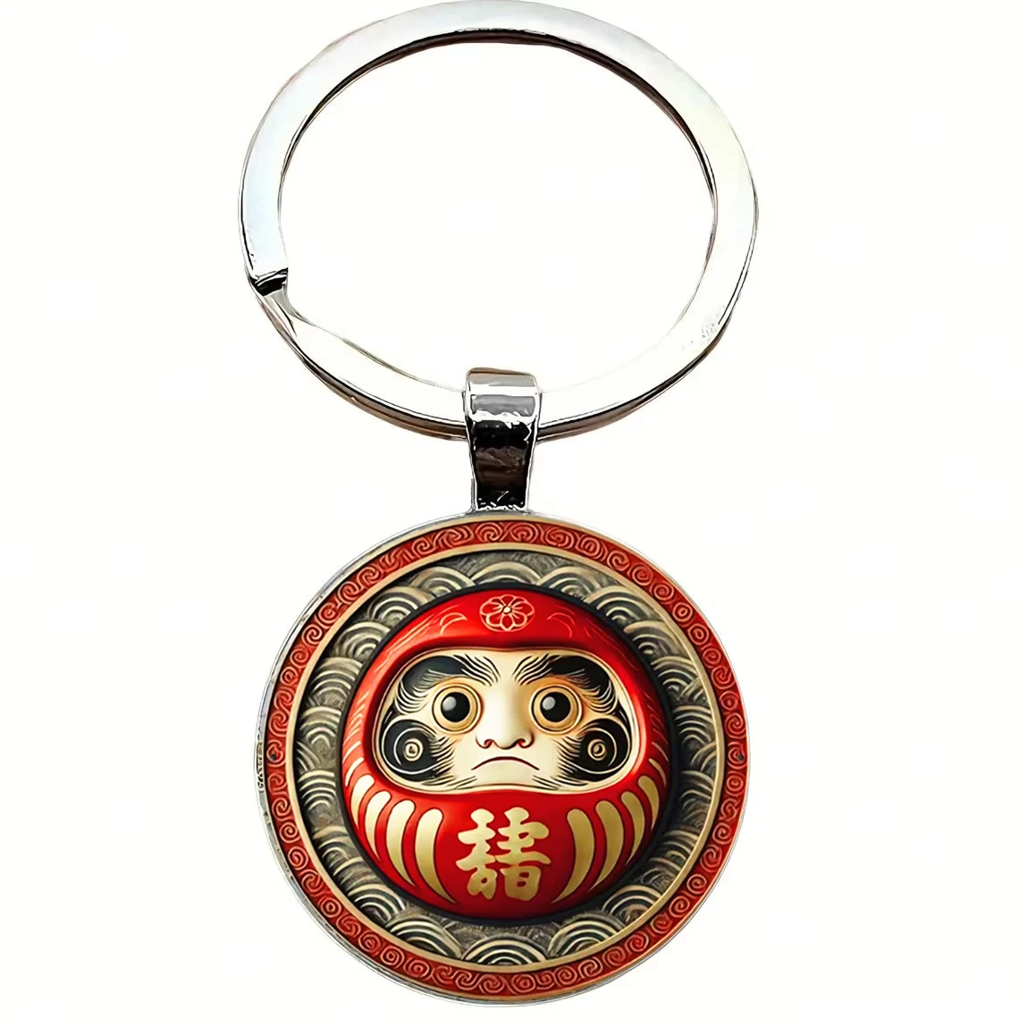 1PC Traditional Japanese Daruma Mask Keychain, Red with Golden Color Eyes Japanese Characters, Lucky Holiday Gift Festival Gift