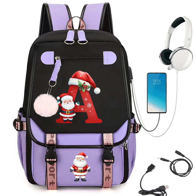 Santa Claus Letter A-Z Print Backpack for Teen Girls Boys Schoolbag Fashion Xmas Christmas Casual Travel Laptop School Bag