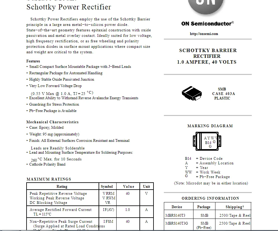(20 قطعة) SMD مقوم ثنائي ديود MBRS120T3G MBRS130T3G MBRS140T3G حزمة SMB