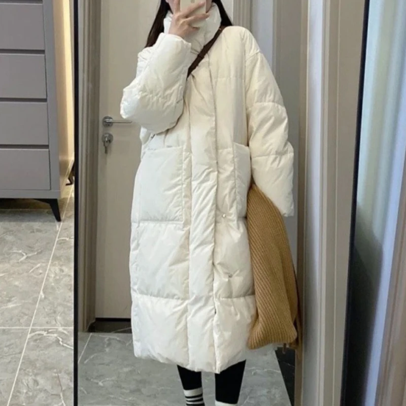 Down And Cotton Jacket Women's Winter Bread Jacket Mid To Long Style Knee Length Loose And Thick Cotton Jacket Outerwear