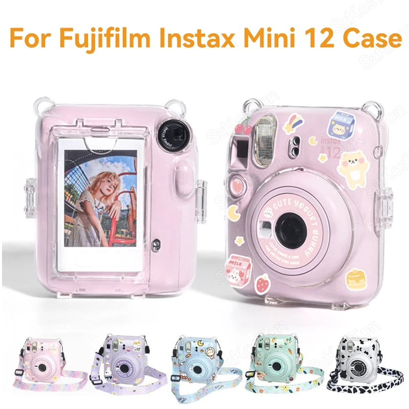 Para fujifilm instax mini 12 transparente caso da câmera protetora bolsa de transporte capa com alça de ombro saco de armazenamento