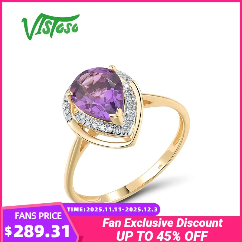

VISTOSO Оригинальное желтое золото 14 карат 585 пробы ‌ ‌ Кольцо-капля для женщин, сверкающие бриллианты, аметист, романтическое предложение, подарок, ювелирные изделия