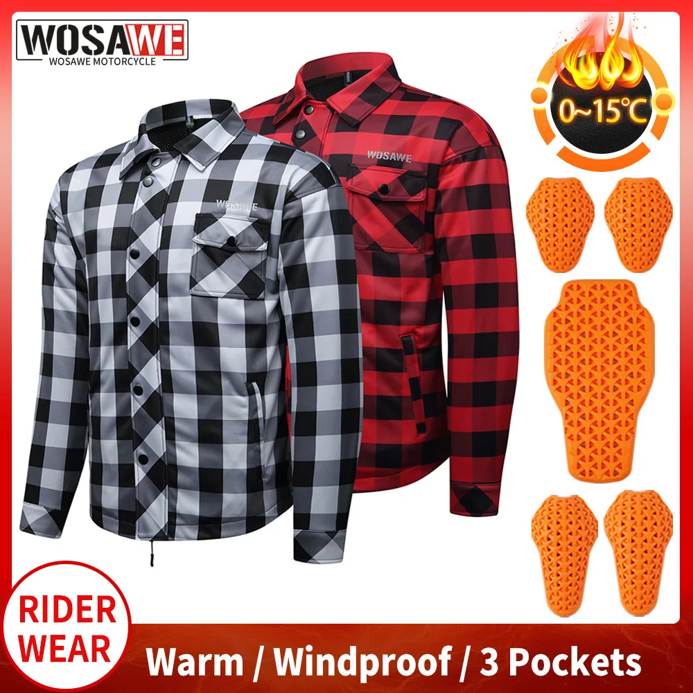 

WOSAWE Warm Motorcycle Jacket Winter Motocross Riding Coat with Soft Pads Gear Retro Moto Checkered Shirt Fleece-lined Jacket