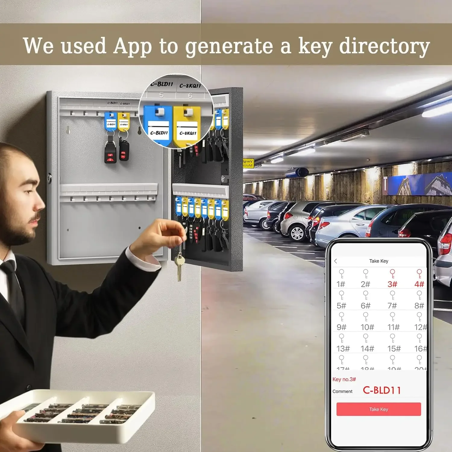 WeHere 32 Key Safe Box, Intelligent Wall Mounted Key Storage Cabinet,OTP/APP Bluetooth/fixed Code Unlocking Key Management Safe