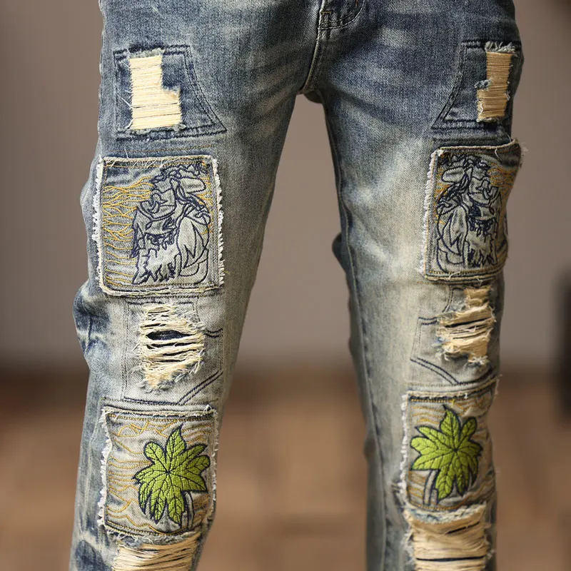 High Street Fashion Men's Jeans Vintage Blue Elastic Slim Fit Designer Bicycle Jeans Homme Spliced Hip Hop Jeans Men's Pants