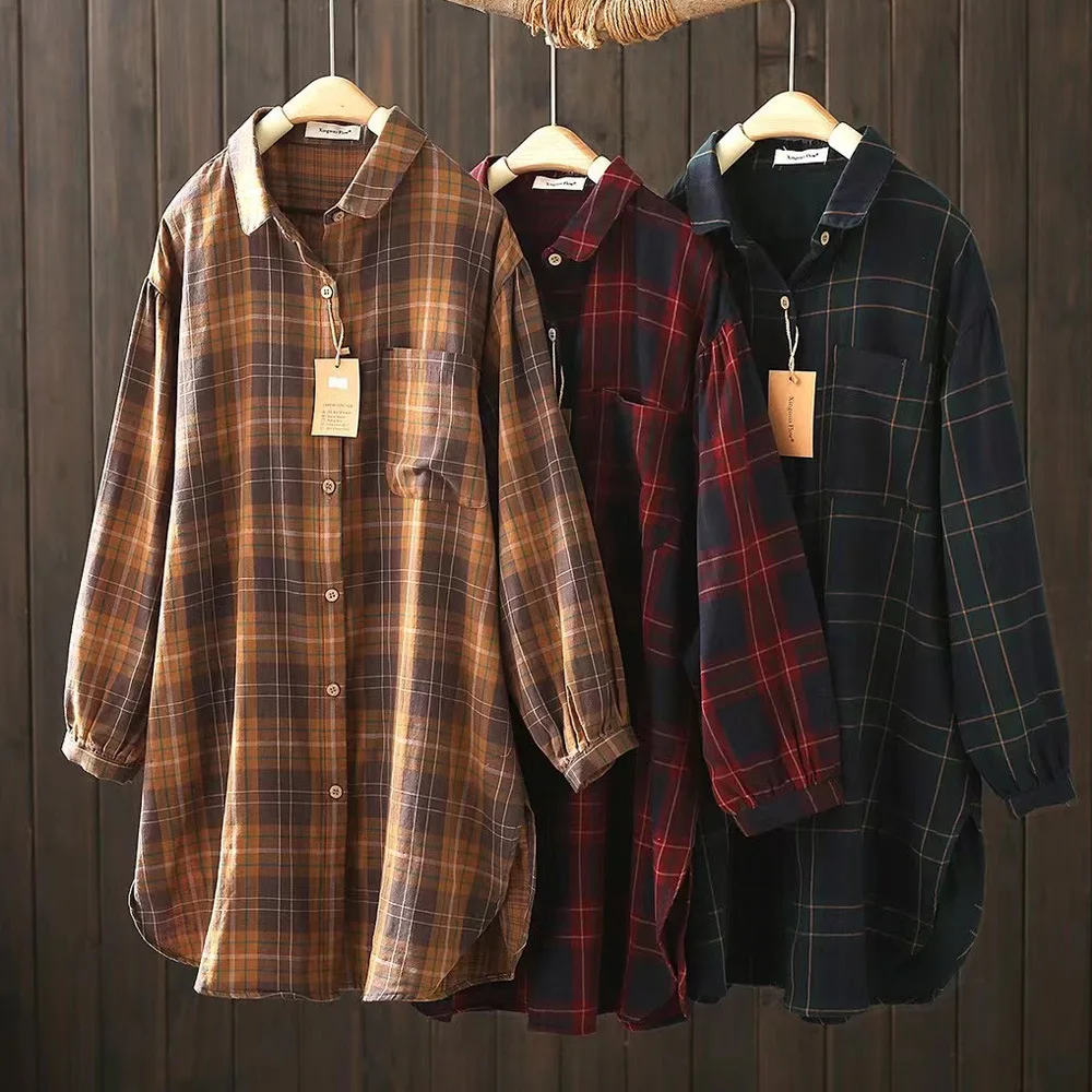 2026 Vintage 100% Cotton Yarn Red GreenKhaki Plaid Shirt for Women Point Collar Mid-length Blouse Casual Oversized Tops