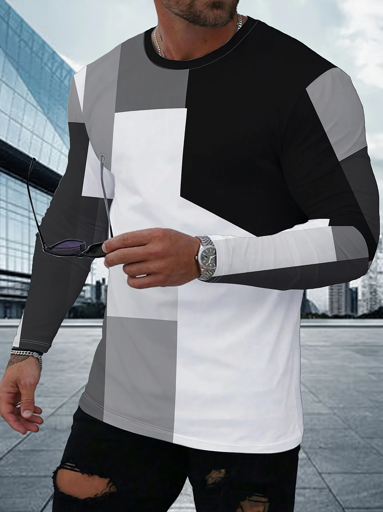 2026 Men's Stitched Print Long Sleeve T-shirts Autumn Men's Clothing Plus Size Round Neck Long Sleeve Top Outdoor Loose Menswear