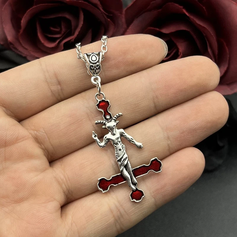 Goth Satanic Baphomet Inverted Cross Pendant Necklace Upside Down Cross Satan Demon Devil Lucifer Jewelry