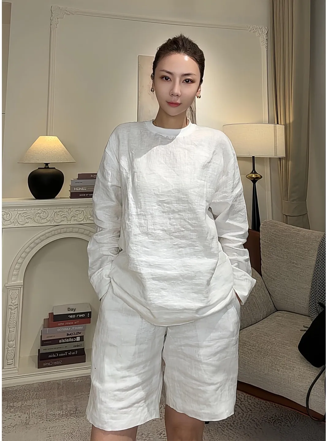 

Summer New Style Casual Loose Women's Cotton Linen Set round Neck Shirt Shorts Two-Piece Set Minimalist White Comfortable Fas...