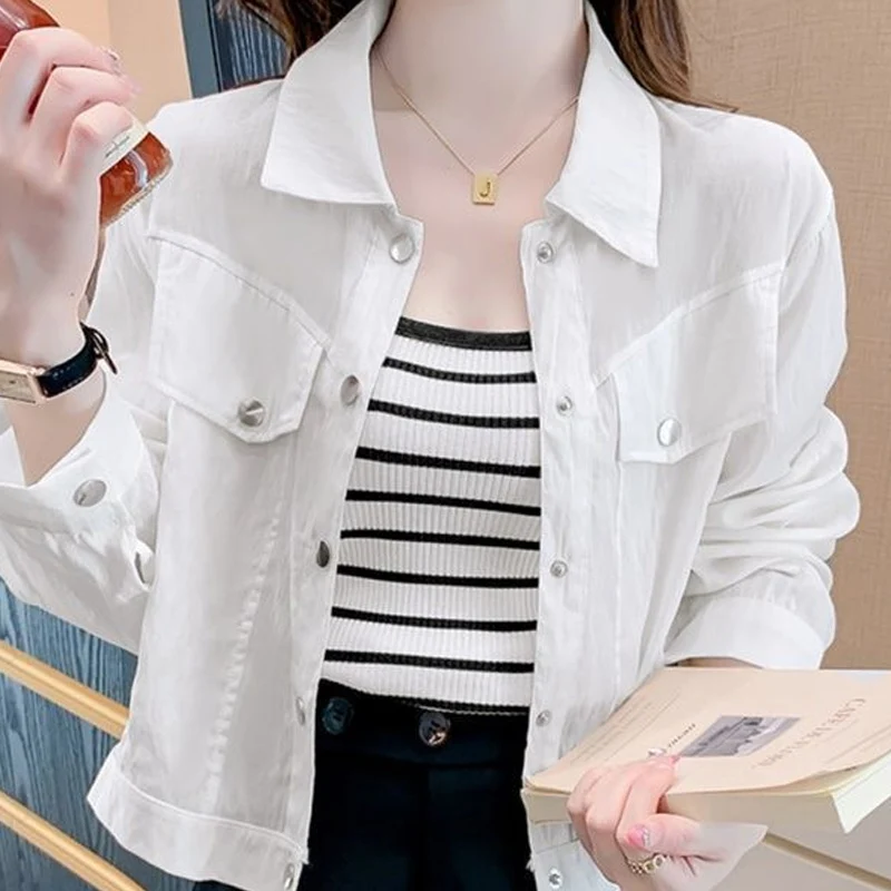 spring autumn new Solid color shirt women High street Turn-down Collar Long Sleeve Pockets Cardigan Korean style elegant tops