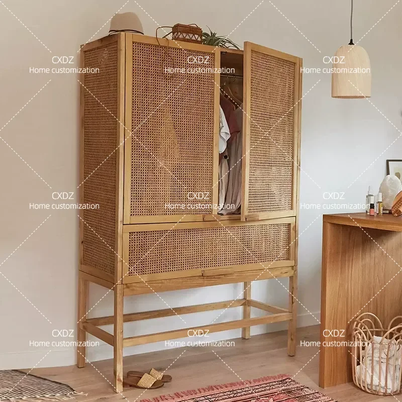 Solid Wood Rattan Wardrobe Nordic Style Vertical Cabinet TV Stand Handmade Hollow Long Storage Unit for Living Room Bedroom